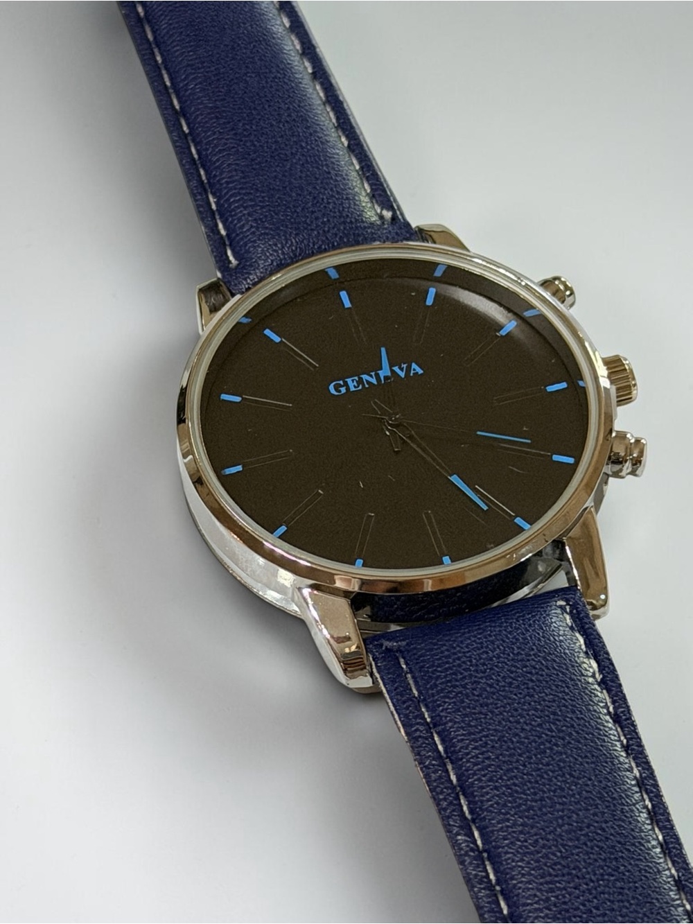 Geneva Black Dial Watch with Blue Leather Strap